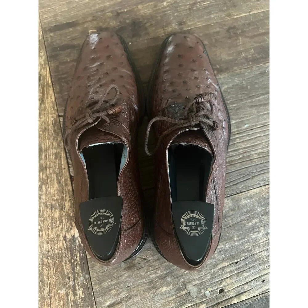 Mezlan Platinum Spain Ostrich Quill Leather Brown Casual Dress Shoes Size 9 M JP